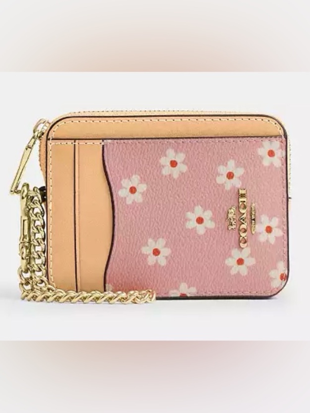 Coach Pink Floral Zip Card Case Wallet with Gold Chain NWT Fairycore Feminine